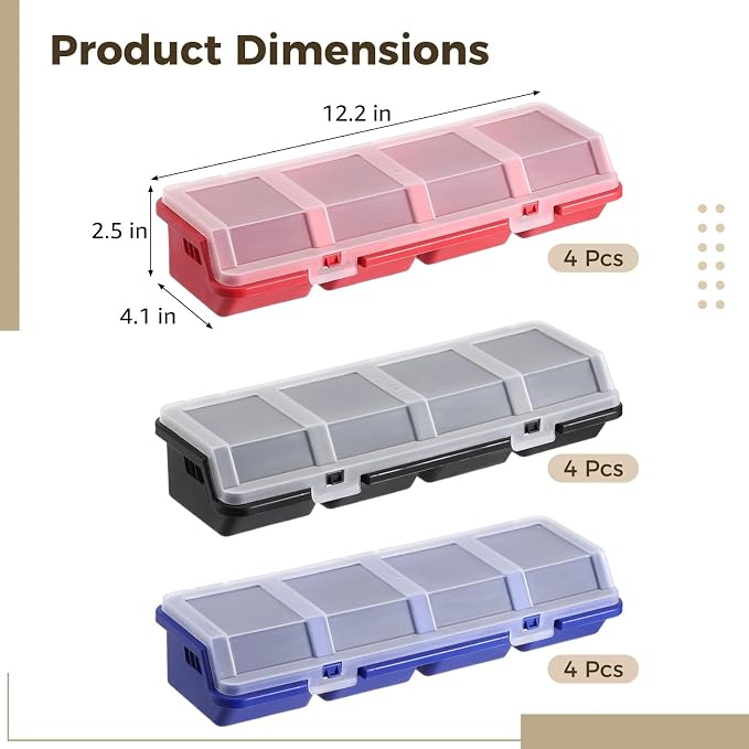 12Pcs 4-Compartment Screw Boxes, Lockable Plastic Organizer Cases 3 Colors | Secure lids stop small parts spillage, portable divided bins store bolts, beads, craft accessories and assorted tiny hardware - Image 4