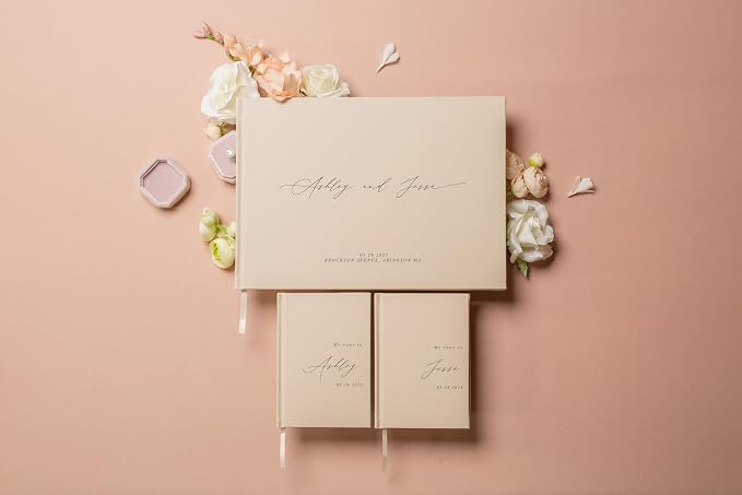 Personalized Wedding Book Set with Guestbook Vow Books (Design 1) - Custom Large 11.5 x 8.5 Guest Signin Book, 5.75 x 4 Vow Books for Marriage Ceremony Reception, Gift for Engaged Couple, Oats - Image 4