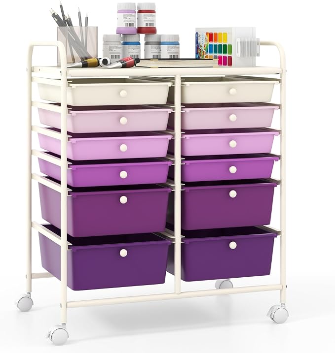 Giantex 12 Drawers Rolling Storage Cart, Classroom Organizers with Wheels for Tools Scrapbook Craft Paper Teacher Office School Supplies (Purple Gradient) by Giantex