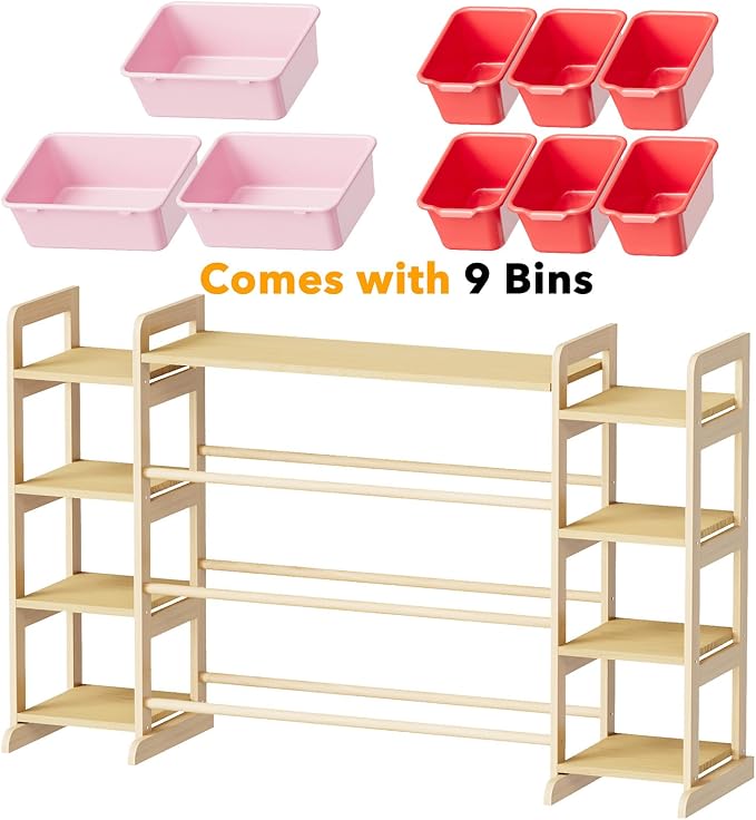 SpaceAid Large Toy Storage Organizer 9 Shelves 9 Bins, Toy Organizers Storage Bookshelf, Kids Bin Shelf Toys Box Bookcase for Bedroom Playroom Organization Room Decor, Red and Pink - Image 7