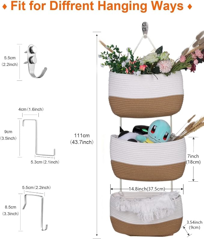 Over the Door Organizer, Honizer Wall Hanging Storage Basket, 3-Tier Cotton Rope Woven Hanging Baskets for Organizing, Nursery, Bedroom, Bathroom, Living Room- Jute&White (3 Hooks included) - Image 5