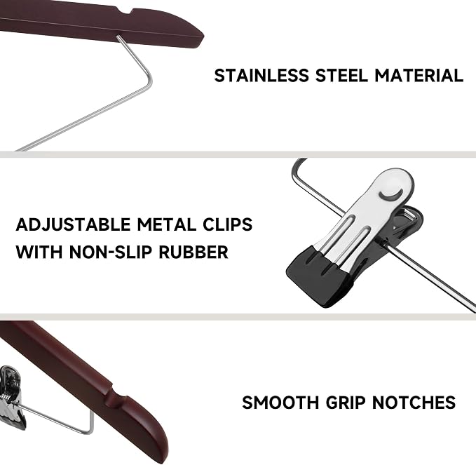 Wooden Hangers with Adjustable Metal Clips, 12-Pack, Dark Cherry | Solid Wood Hangers with 360° Rotatable Hook for Skirt, Dress, Coats, Jacket and Pants, Space-Saving and Non-Slip Design - Image 4
