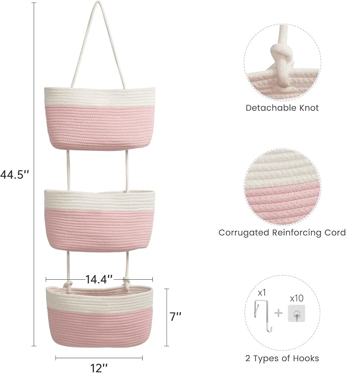 TeoKJ Over the Door Hanging Basket, 3-Tier Woven Cotton Wall-Mounted Storage Organizer Bag Decorative Hanging Nursery Baskets, Pink & White - Image 5
