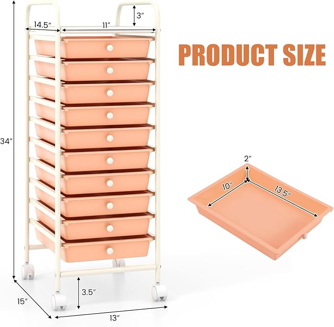 GOFLAME 10-Drawer Rolling Storage Drawer Cart, Utility Cart with Removable Drawers & Metal Frame, Mobile Art Craft Drawer Cart with Lockable Wheels for Home, Office, Studio, School, Peach Fuzz - Image 3