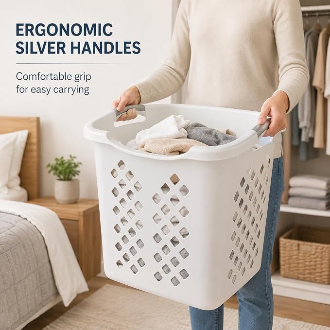 Laundry Basket 2 Pack 2 Bushel Plastic with Handles White | Wide Base and Tall Sides – Stays upright when full. Fits closets and on top of machines. Also organizes toys and sports gear. - Image 6
