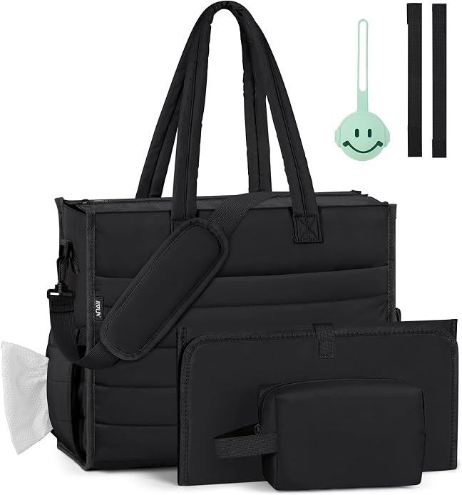 Diaper Bag Tote for Baby, Large Hospital Mommy Bag for Labor Delivery | Lightweight Puffy 4pcs Diaper Tote with Changing Pad, Toiletry Bag and Pacifier Case, Travel, Hospital, Newborn Essentials by IBFUN