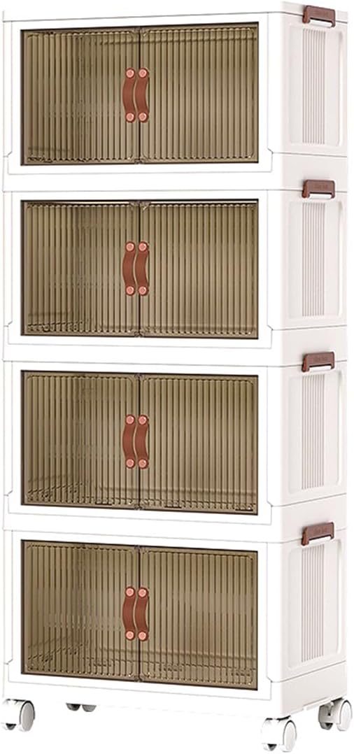 380QT 4-Tier Plastic Stackable Storage Bins and Boxes Organizer, Foldable Containers, Stackable Storage Bins with Doors, Collapsible Boxes, White (4 Tier, 25.8″) by Unknown