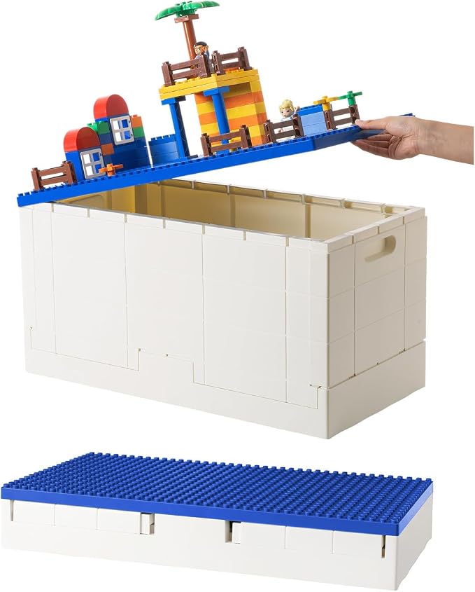 53 Qt. Folding Storage Box with Large Building Lid for Lego Duplo Blocks, 13 Gallon Collapsible Organizer for Lego Bricks (Blue) by SHIMOYAMA