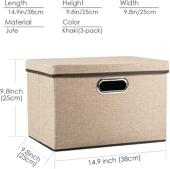 Collapsible Storage Cubes with Lids [3-Pack] Jute Fabric Foldable Storage Boxes Organizer Containers Baskets Bins with Cover for Home Bedroom Closet Office Nursery (14.9x9.8x9.8) - Image 6