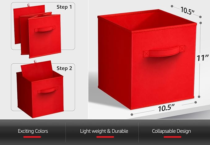 Sorbus Foldable Storage Cubes - 6 Fabric Baskets for Organizing Pantry, Shelf, Toy Box, Cubby, Closet Organizer - 11 Inch Collapsible Closet Organizers and Storage Bins - Red Storage Cubes with Handle - Image 3