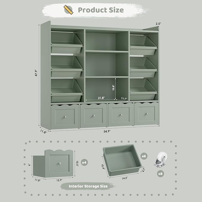 HITHOS 55" W Kids Toy Storage Organizer with 10 Toy Box & Book Shelf, Green | Large Toy Organizers and Storage with Kids Bookshelf & 6 Plastic Toy Chests & 4 Movable Drawers for Kids Room, Playroom - Image 2