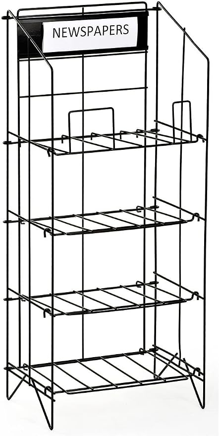 Displays2go Wire Newspaper Stand, Black, 4 Shelves | Free-Standing, Adjustable-Height Pockets, with Nameplate, NRWREGONE - Image 2