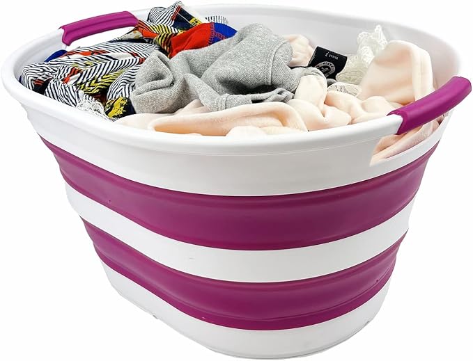 SAMMART 23L (6 Gallons) Collapsible Plastic Laundry Basket - Oval Tub/Basket - Foldable Storage Container/Organizer - Portable Washing Tub (White/Purple (Set of 2)) - Image 4