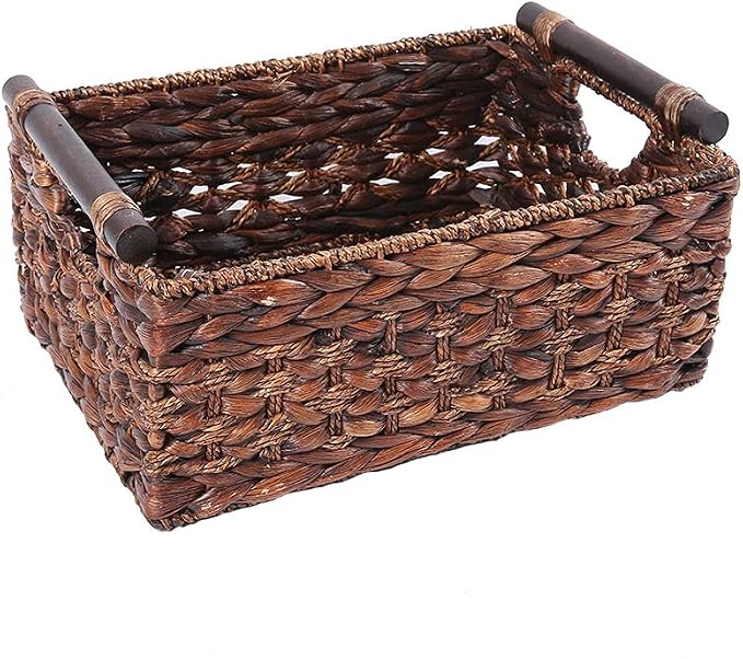 Water Hyacinth Wicker Storage Basket with Wood Handles, Large | Rectangular dark brown woven rattan basket, for shelves, kitchen countertops, closet, holds magazines, toilet paper by HODAKJUE