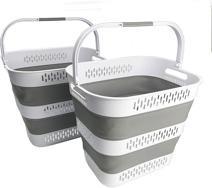 SAMMART 40L (10.5 Gallon) Collapsible Plastic Laundry Basket with Handles - Foldable Pop Up Storage Container/Organizer - Portable Laundry Hamper - Space Saving (2, White/Grey) by SAMMART