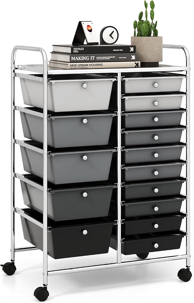 15 Drawer Rolling Storage Cart, Rolling Cart with Drawers for Classroom, Art Supply Craft Organizer on Wheel with Metal Frame & Handles for Home Office School by LDAILY