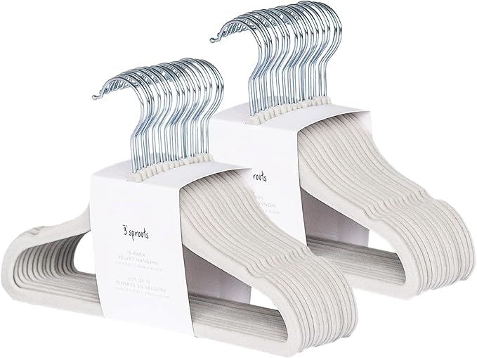 3 Sprouts Velvet Baby Hangers, Non Slip Slim, Gray, 30 Pack | Non-slip velvet, Notched shoulders, 360-degree swivel hook, 11.75 x 8 in, Infant and toddler clothes, Soft colors for nursery by 3Sprouts