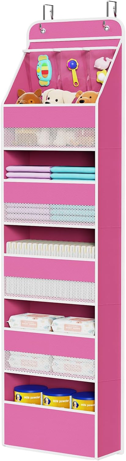 Univivi Fabric Over Door Hanging Organizer for Baby Nursery, Pink, 6-Shelf | Door Storage with Large Capacity Breathable Mesh Pockets, Over Door Storage Organizer for Baby Essential, Bedroom, and Dorm by Univivi