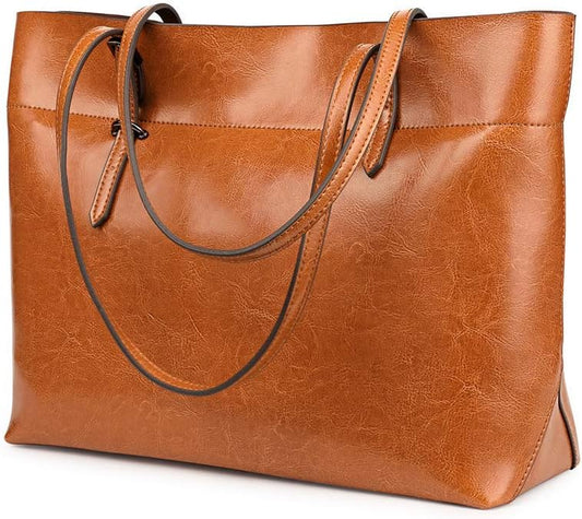 Kattee Vintage Genuine Leather Tote Shoulder Bag for Women | Genuine leather tote with adjustable straps, 7 pockets, and room for a 14-inch laptop, ideal for work and travel. by Kattee