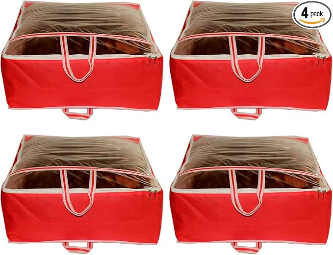 ANKIT INTERNATIONAL Garments Protect Clothes Organizer/Storage Bags for Blanket, Quilts & Rajai Storage Combo Pack of 04 with Dust Protection Front Clear window & Zip Closure (RED,51 x 51 x 22 cms) by AI+ANKIT+INTERNATIONAL