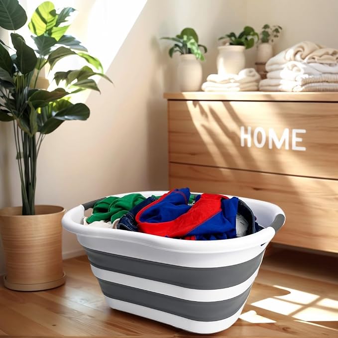 SAMMART 40L (10.5 gallon) Set of 2 Plastic Foldable Laundry Basket - Collapsible, Space Saving and Portable Laundry Hamper, Ideal for Home, Travel, Dorm, and Camping (2, White/Steel Gray) - Image 4