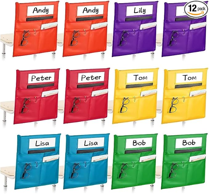 LACCHOUFEE Chair Pockets for Classrooms, 16" X 19" Seat Pockets for Classroom Chairs K-2, 12 Pack Chair Bags Organizer with Name Tag for Student Classroom Chair Back Storage in School, Multicolor by LACCHOUFEE