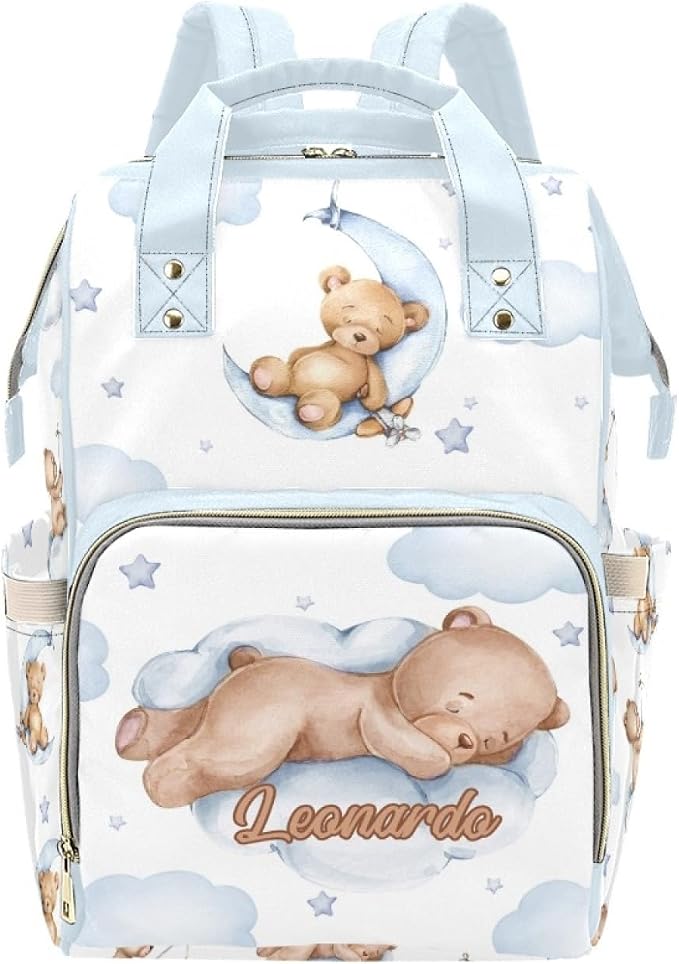 Personalized Sleeping Bear Diaper Bag Backpack with Name – Waterproof Custom Baby Nappy Bag with Large Capacity & Multi Pockets – Shower Gift for Baby for New Parents by Unknown