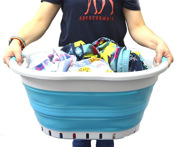SAMMART 36L Set of 2 Collapsible 3 Handled Plastic Laundry Basket-Foldable Pop Up Storage Container-Portable Washing Tub-Space Saving Basket (2, Grey/Bright Blue) - Image 6