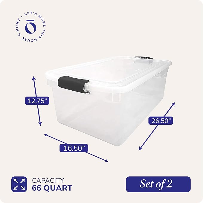 HOMZ Clear Plastic Storage Bins w/Latching Lid, 66 Qt, Gray Latch, 2 Pack | Large Stackable Container Boxes for Homes, Bathrooms, Garages, and Office Organization - Image 4