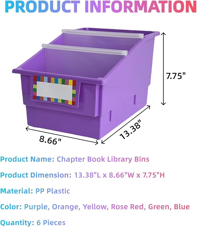 6 Pack Plastic Picture Book Classroom Library Bins with Dividers, Neon | Plastic Shelf Bin Organizer for Classroom Library, Book, Documents, Files Magazines, Multi-Purpose Book Holders with Labels - Image 2