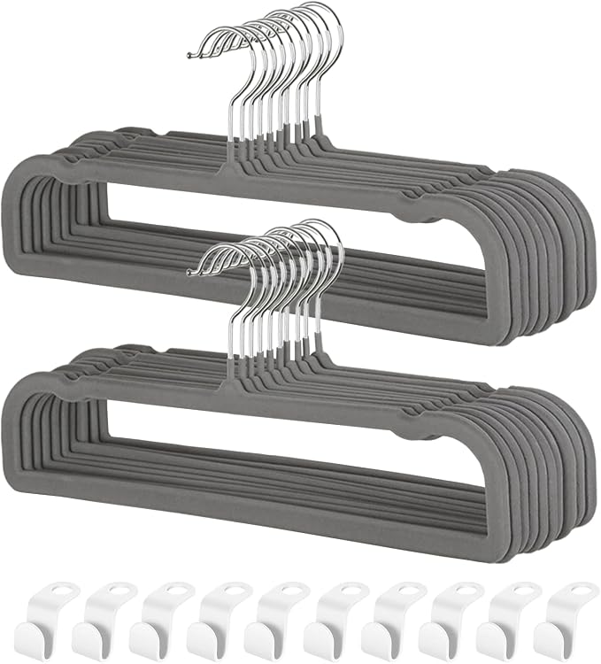 Velvet Pants Hangers with Non Slip Bar, 20 Pack Felt Slack/Trouser Hangers for Closet, Slim Space Saving Closet Perchas Terciopelo 360° Swivel Hook for Tank Top, Bra, Shorts, Jeans, Towel (Grey) by VSVstoage
