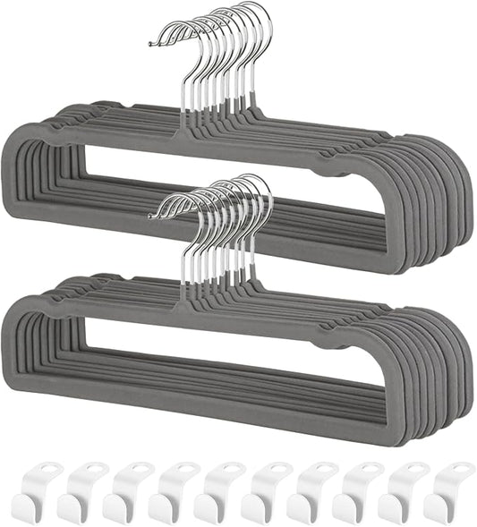Velvet Pants Hangers with Non Slip Bar, 20 Pack Felt Slack/Trouser Hangers for Closet, Slim Space Saving Closet Perchas Terciopelo 360° Swivel Hook for Tank Top, Bra, Shorts, Jeans, Towel (Grey) by VSVstoage