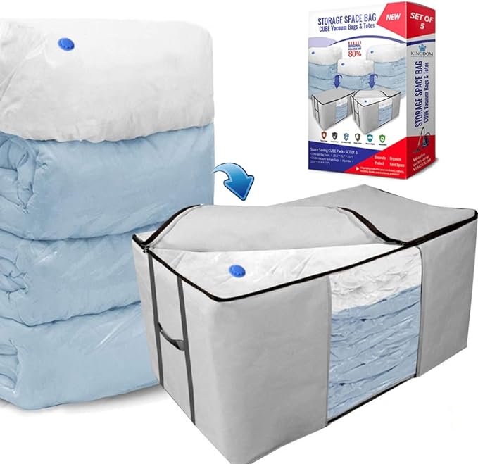 Vacuum Storage Bags, Cube Space Saver Bags, Bedding Space Saving Organizer | Premium Totes & Cubic Vacuum Compression Seal Bags for Clothing. Jumbo Organizer, Storing Comforters Blankets Pillows Clothes by KingdomHome