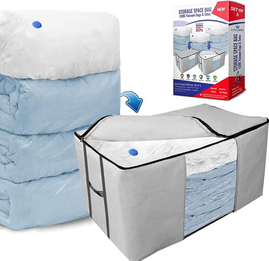 Vacuum Storage Bags, Cube Space Saver Bags, Bedding Space Saving Organizer | Premium Totes & Cubic Vacuum Compression Seal Bags for Clothing. Jumbo Organizer, Storing Comforters Blankets Pillows Clothes by KingdomHome