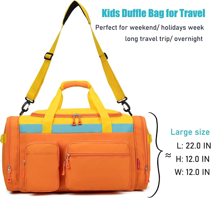 Large Kids Duffle Bag for Travel, Overnight or Weekend, Orange | Roomy Size: 22.0"L x 12.0" H x 12.0"W, Made of Thick Polyester Fabric - Image 5