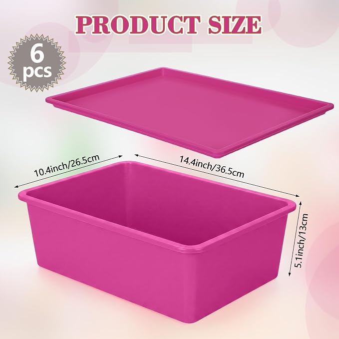 6 Pcs Pink Large Plastic Storage Bins with Lids | 14.4 x 10.4 x 5.1 Inch, Stackable Storage Containers, Decorative Cubby Organizer for Clothes Shelves Garage Closet Office - Image 2