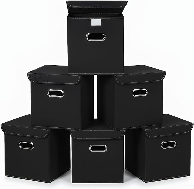 Closet Organizers Fabric Storage Bins With Lids Collapsible Cube Storage Organizer Basket With Handles,Storage Boxes for Clothes Storage,Office,Laundry,Shelves,6 Pack,（Black by SEVENDOME