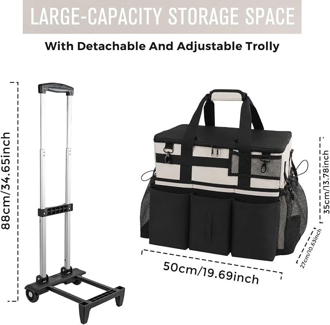 SCAVATA Rolling Cleaning Caddy Bag with Detachable Trolley, Large Cleaning Supplies Organizer with Wheels, Multi-Pocket Cleaning Cart with Adjustable Shoulder Strap for Housekeepers (CreamWhite) - Image 5