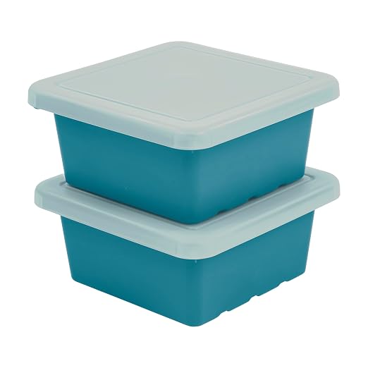 ECR4Kids Stackable Square Bins with Non-Snap Lids, Multipurpose Organization, Turquoise, 2-Pack by ECR4Kids