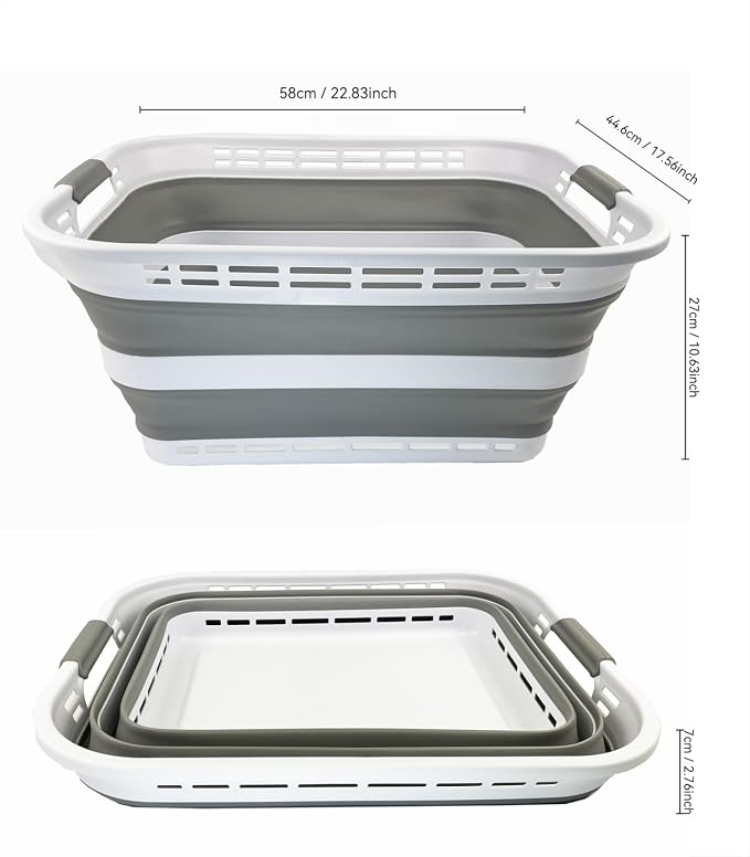 SAMMART 42L (11 Galloons) Collapsible Plastic Laundry Basket - Foldable Pop Up Storage Container/Organizer - Portable Washing Tub - Space Saving Hamper/Basket [BPA Free] (White/Grey (Set of 2)) - Image 5