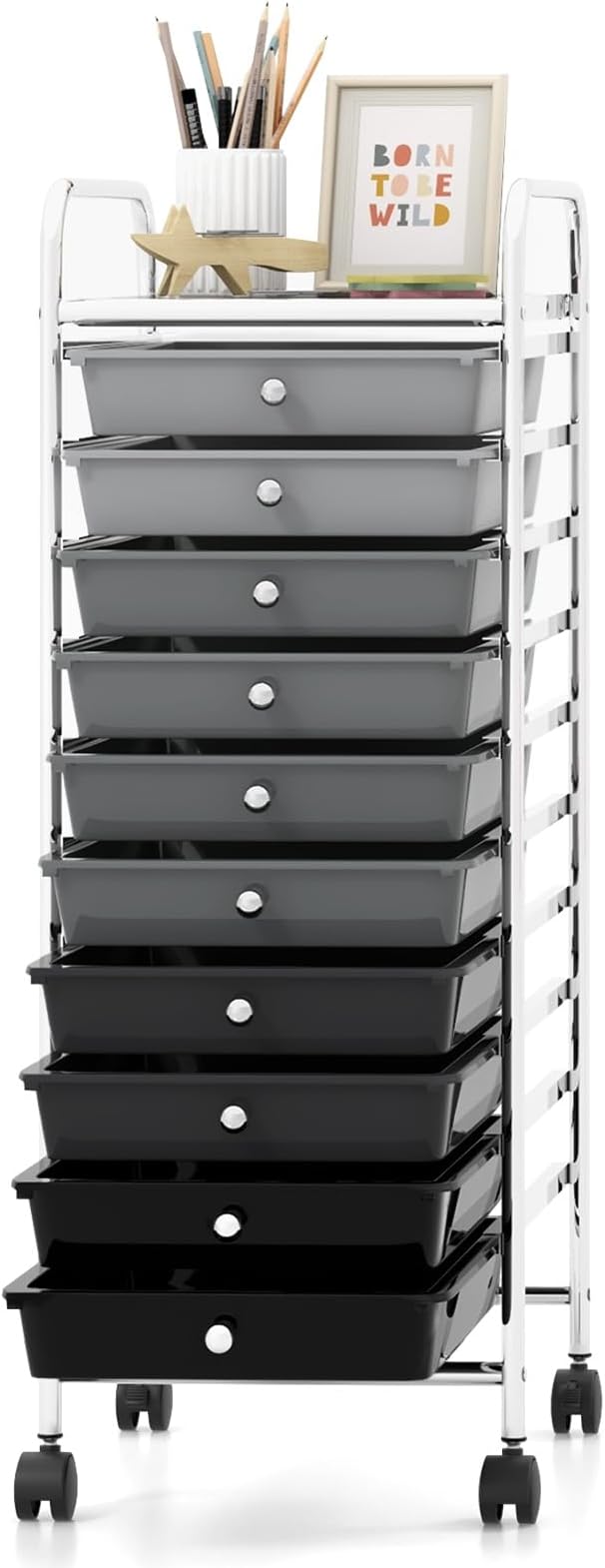 GOFLAME 10-Drawer Rolling Storage Drawer Cart, Utility Cart with Removable Drawers & Metal Frame, Mobile Art Craft Drawer Cart with Lockable Wheels for Home, Office, Studio, School, Gray Gradient by GOFLAME