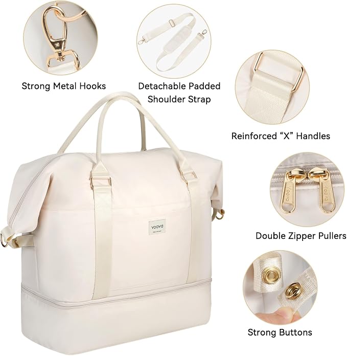 Voova Weekender Duffle Bag Set with Shoe Compartment, 4 Piece, Beige | Carry-on travel set includes weekender, shoe bag, toiletry bag and makeup pouch for organized overnight trips - Image 4
