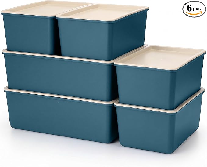 6 Pcs Large and Small Plastic Storage Bins with Lids 14.4 x 10.4 x 5.1 Inch Stackable Storage Containers Decorative Cubby Organizer for Clothes Shelves Garage Closet Office (Blue) by Menkxi