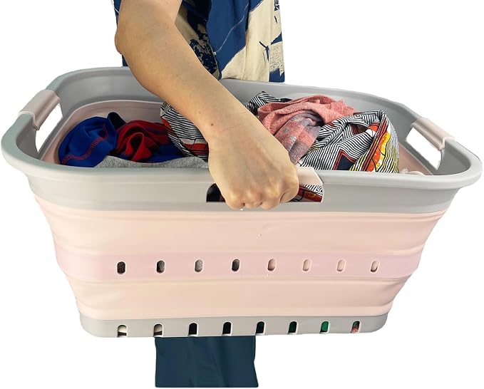 SAMMART 42 (11 Gallons) Collapsible Plastic Laundry Basket, Foldable Pop Up Storage Container/Organizer, Space Saving Hamper, Portable Bin for Dorm Room Bathroom (1, Grey/Pink) - Image 7