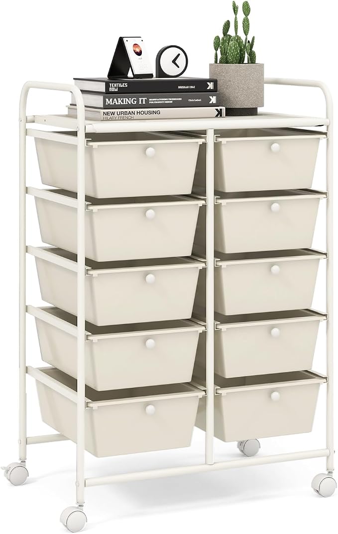 10 Drawer Rolling Cart, Storage Cart Organizer on Wheels, Drawer Cart with Metal Frame & Large Storage Capacity, Rolling Cart with Drawers for Living Room Classroom, Office by LDAILY