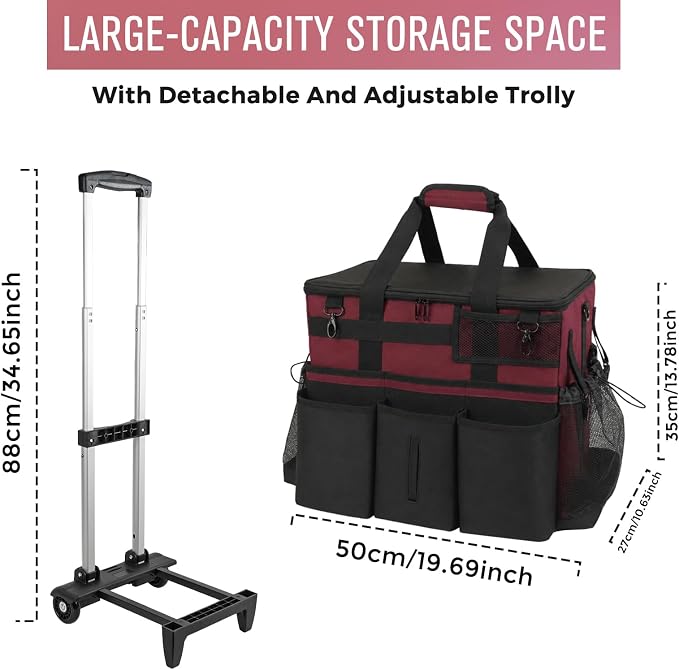 SCAVATA Rolling Cleaning Caddy Bag with Detachable Trolley, Large Cleaning Supplies Organizer with Wheels, Multi-Pocket Cleaning Cart with Adjustable Shoulder Strap for Housekeepers (Magenta) - Image 5