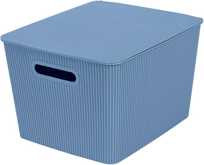 Glad Storage Baskets with Lids - Set of 4 Stackable Plastic Boxes with Handles - Decorative Shelf Organizer Bins for Bathroom and Closet, Blue, 4.7 Gallon - Image 2