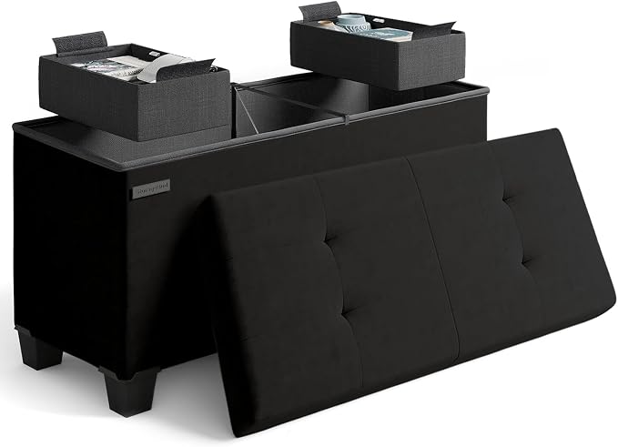 Storage Ottoman Bench with Bins, 30-in Storage Bench for Bedroom End of Bed, Folding Foot Rest Ottoman for Living Room Max 660lbs, Velvet Ottomans, Black by STORAGEBUD