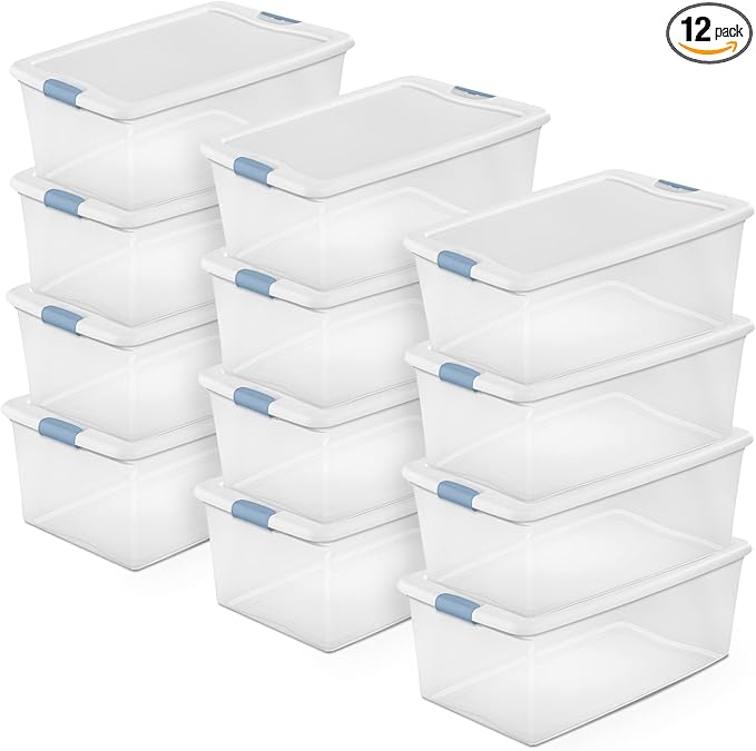 Sterilite Latching Box with Lids for Home and Office, 106 Quart, 12-Pack | Heavy-Duty and Stackable Plastic Containers with Latches for Closet, Cabinet, Bedroom, Bathroom and Dorm Room Organization by Sterilite