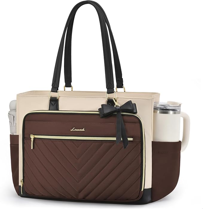 LOVEVOOK Laptop Tote Bag for Women, Work Bag for Nurse with Large Cup Holder, Quilted Diaper Bag for Travel, Computer Women's handbags for Teacher gift, Coffee-apricot-black, 15.6 Inch by LOVEVOOK